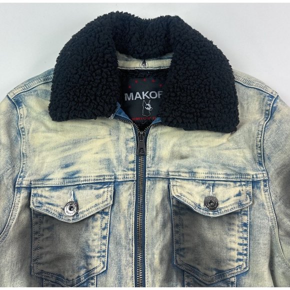 Makobi Mens Small Blue Plaid Full Zip Denim Jean Sherpa Jacket Distressed M1035 - Picture 4 of 11